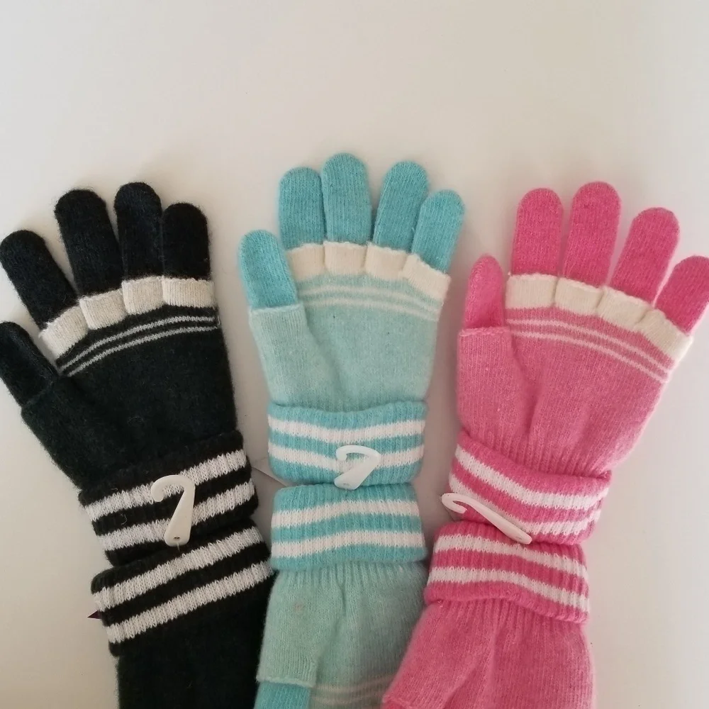 Set of 3 NEW Multicolor Double Layered 2 in 1 Wool Blend Cozy Warm Gloves